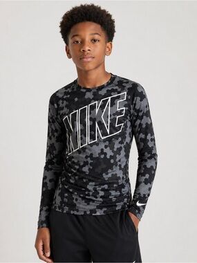 Nike Pro Dri-FIT Boys XL Camo Compression Shirt Black Gray Long Sleeve